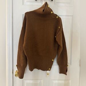 Brown Turtleneck Sweater with Gold Buttons